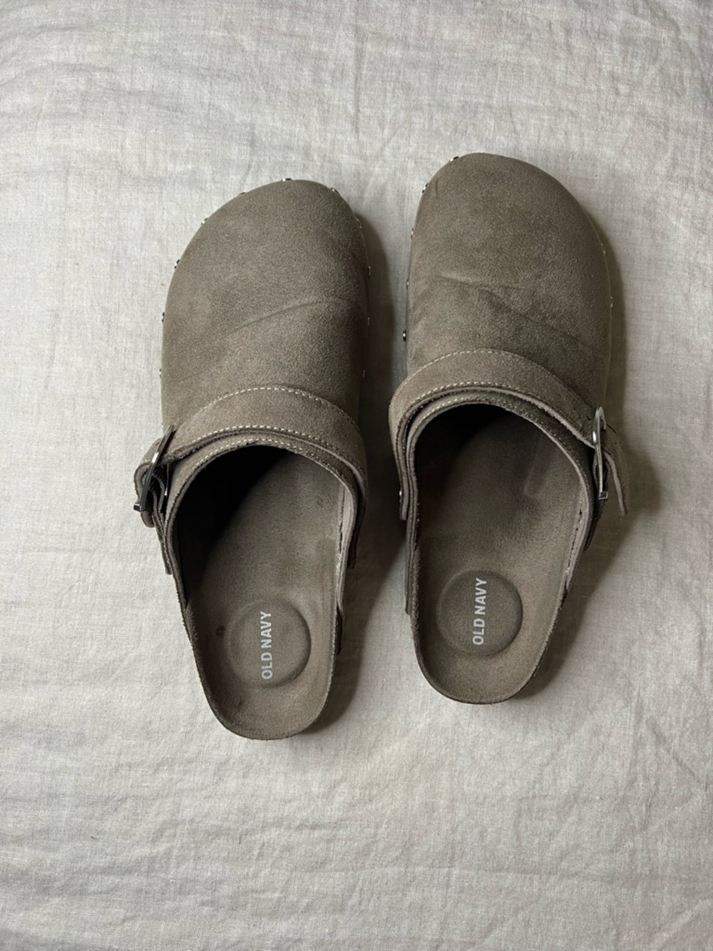 Old Navy Taupe Suede-Look Slip-On Clogs with Buckle